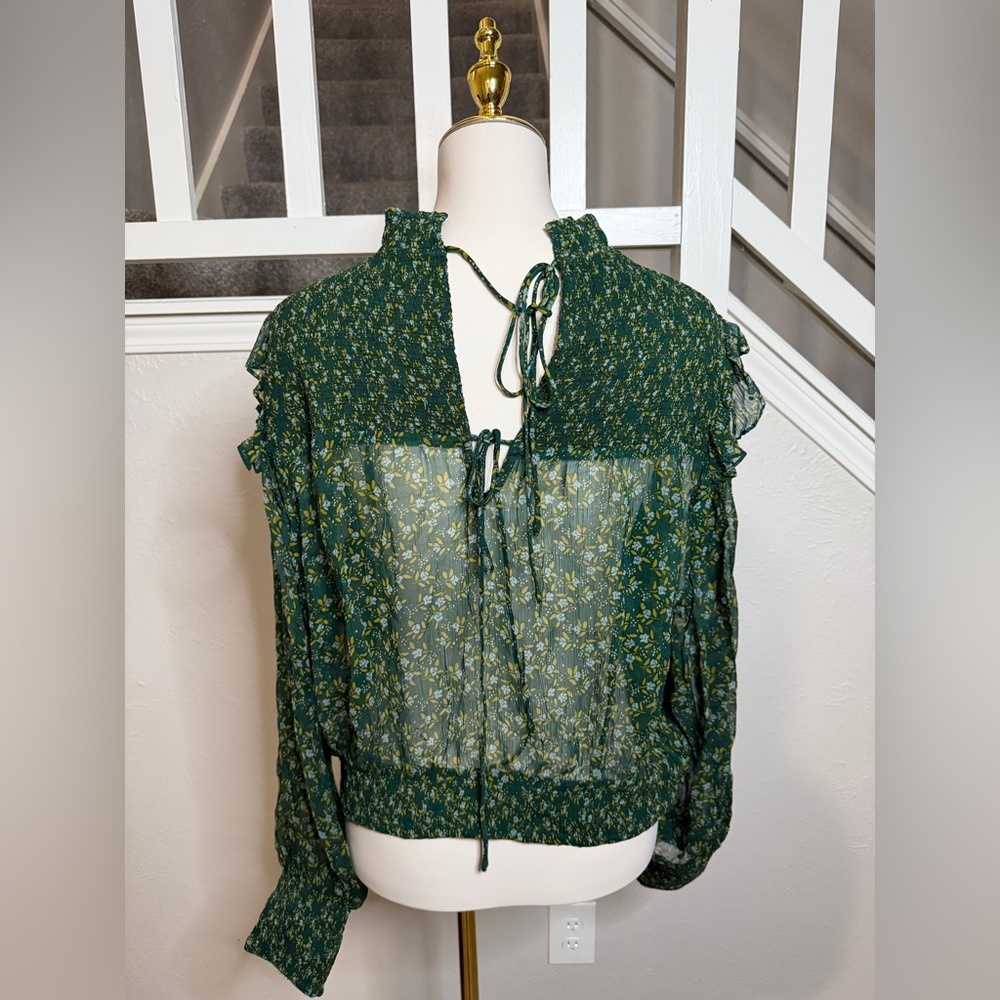 Free People Dark Green Floral Sheer Long-Sleeve Blouse - Picture 4 of 11
